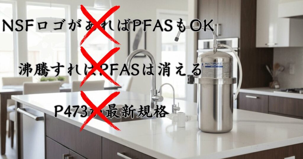 浄水器が置かれたアイランドキッチン。NSFロゴがあればPFASもOK、沸騰すればPFASは消える、P473が最新規格の文字とそれぞれの文字の上に赤いバツマーク。