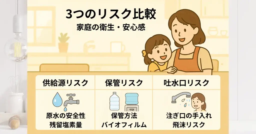 3つのリスク比較
家庭の衛生・安心感
供給源リスク
原水の安全性・残留塩素量
保管リスク
保管方法・バイオフィルム
吐水口リスク
注ぎ口の手入れ・飛沫リスク