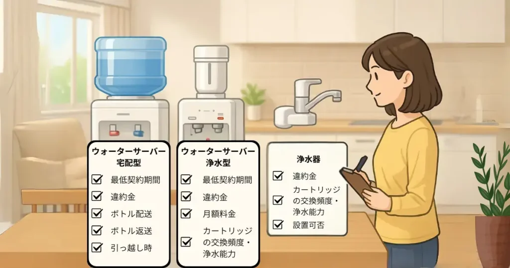 ウォーターサーバー 宅配型
✅️最低契約期間
✅️違約金
✅️ボトル配送
✅️ボトル返送
✅️引っ越し時
ウォーターサーバー 浄水型
✅️最低契約期間
✅️違約金
✅️月額料金
✅️カートリッジの交換頻度・浄水能力
浄水器
✅️違約金
✅️カートリッジの交換頻度・浄水能力
✅️設置可否