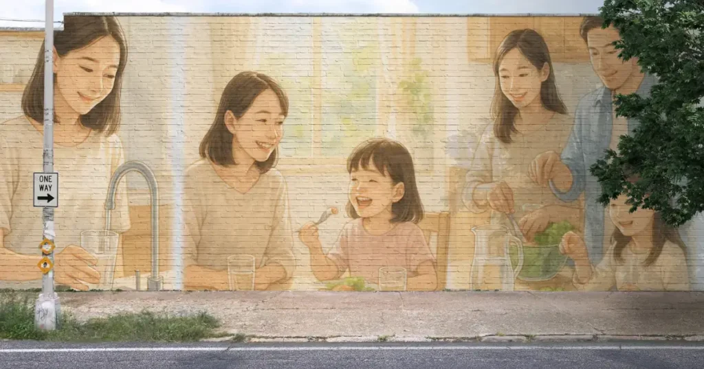 家族構成に合わせた浄水器選びをイメージした写真。
一人暮らしの女性がコップに水を注ぎ、夫婦と子どもが食卓で笑顔を見せ、4人家族がキッチンで食事を準備している。
明るく清潔感のあるキッチンで、「暮らしに寄り添う安心な水」を表現している。