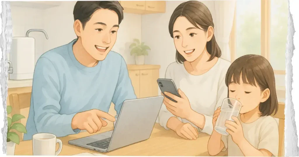 賃貸で浄水器を使う家庭の安心感を描いたイメージ。
若い夫婦がリビングでノートパソコンを見ながら浄水器の使い方を話し合い、
そばで子どもがコップの水を飲んでいる。
明るい自然光と木目調のキッチンが清潔で温かい雰囲気を演出している。
