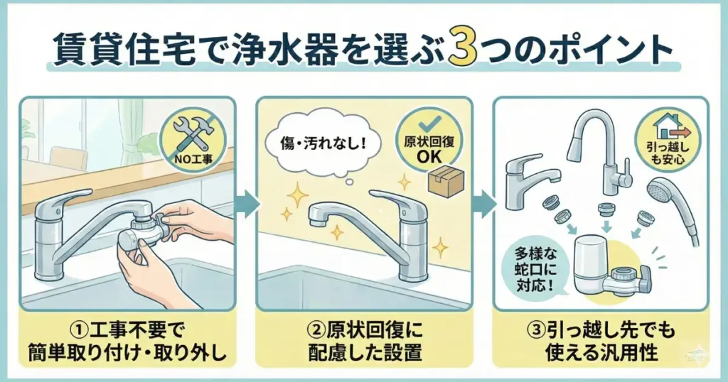 賃貸住宅で浄水器を選ぶ3つのポイントを解説した図。①工事不要で簡単に取り付け・取り外しができること、②原状回復に配慮した設置ができること(傷・汚れなし)、③引っ越し先でも使える汎用性(多様な蛇口に対応)があることが示されています。