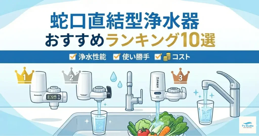 蛇口直結型浄水器おすすめランキング10選の記事ヘッダー画像。評価基準として「浄水性能」「使い勝手」「コスト」にチェックマークがある。イラストはキッチンシンクで、1位（パナソニック）、2位（東レ）、3位（クリンスイ）の王冠が付いた浄水器から水がグラスに注がれ、野菜が洗われている様子が描かれている。
