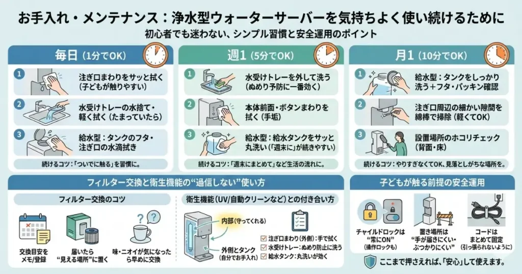 浄水型ウォーターサーバーのお手入れ・メンテナンス方法と安全運用のポイントをまとめたインフォグラフィック。
内容は大きく3つのセクションに分かれています。
1. 毎日・週1・月1でやることリスト
・毎日(1分):注ぎ口を拭く、水受けトレーの水を捨てる、タンクの水滴を拭く。「ついでに触る」のが継続のコツ。
・週1(5分):水受けトレーを洗う、本体前面やボタンを拭く、給水タンクをサッと丸洗い。
・月1(10分):タンクやパッキンをしっかり洗う、細かい隙間を綿棒で掃除、背面や床のホコリ取り。
2. フィルター交換と衛生機能のポイント
・交換目安をメモやカレンダーに登録し、交換用フィルターは見える場所に置く。
・衛生機能(UV機能など)は内部を守るものとし、注ぎ口の外側やタンクは人の手で洗う必要があることを図解。
3. 子どもが触る前提の安全運用
・チャイルドロックは常にONにする。
・手が届きにくく、ぶつかりにくい場所に設置する。
・コードはまとめて固定し、引っ張られないようにする。