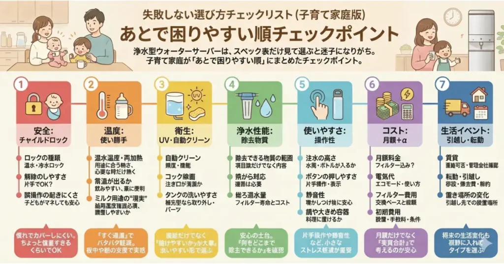 インフォグラフィック:子育て家庭向け・浄水型ウォーターサーバーの失敗しない選び方チェックリスト。「あとで困りやすい順」に、1.安全(チャイルドロック)、2.温度(ミルク等の使い勝手)、3.衛生(自動クリーン)、4.浄水性能、5.使いやすさ、6.コスト、7.生活イベント(引越し等)の7項目を解説。右上にボトル不要のサーバー本体と家族のイラスト。