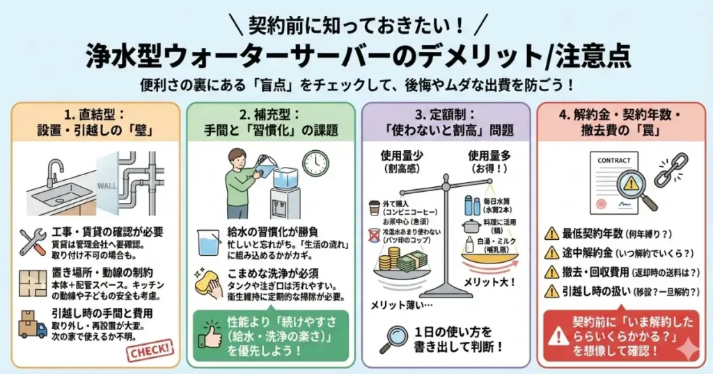 「契約前に知っておきたい!浄水型ウォーターサーバーのデメリット/注意点」というタイトルのインフォグラフィック。以下の4つのポイントで、契約前に確認すべき注意点を解説している。
1. 直結型:設置・引越しの「壁」
- 工事・賃貸の確認が必要(管理会社への確認や取付可否)
- 置き場所・動線の制約(配管スペースや子供の安全)
- 引越し時の手間と費用(取り外しや再設置、新居での適合性)
2. 補充型:手間と「習慣化」の課題
- 給水の習慣化が勝負(生活の流れに組み込めるか)
- こまめな洗浄が必須(タンクや注ぎ口の衛生管理)
- 性能よりも「続けやすさ(給水・洗浄の楽さ)」を優先すべき
3. 定額制:「使わないと割高」問題
- 使用量が少ない場合(外で購入、お茶中心など)は割高に感じる
- 使用量が多い場合(毎日水筒、料理、ミルクなど)はメリットが大きい
- 1日の使い方を書き出して判断することを推奨
4. 解約金・契約年数・撤去費の「罠」
- 最低契約年数、途中解約金、撤去・回収費用、引越し時の扱いを要チェック
- 契約前に「いま解約したらいくらかかる?」を想像して確認することが重要
