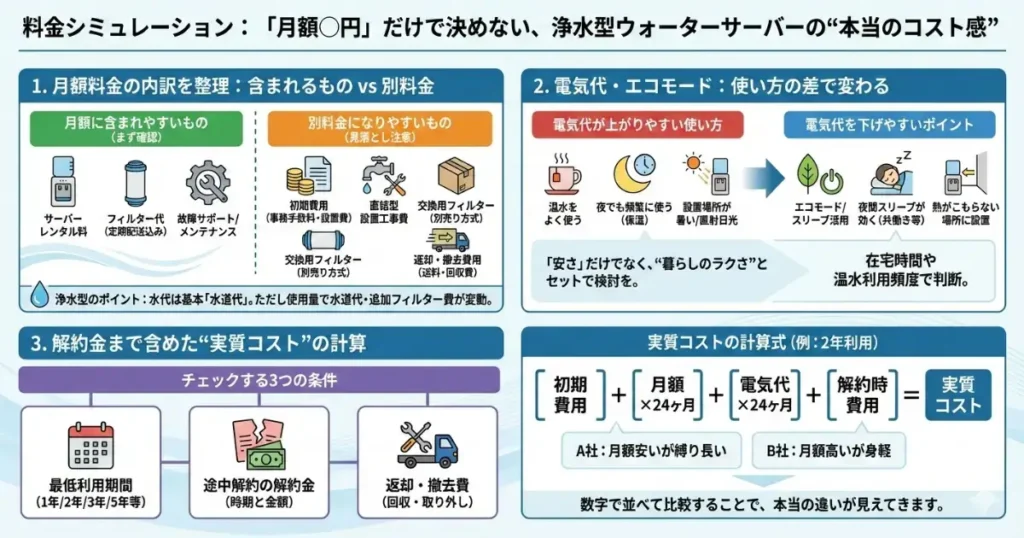 浄水型ウォーターサーバーの「本当のコスト感」を解説した料金シミュレーションのインフォグラフィック。月額料金の内訳、電気代の変動要因、解約金を含めた実質コストの計算方法を図解している。