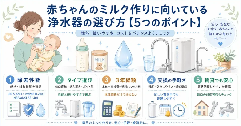 赤ちゃんを抱く母親と浄水器のイラストを使い、子育て家庭が安心して使える浄水器選びのポイントを5つにまとめた水色基調のインフォグラフィック。