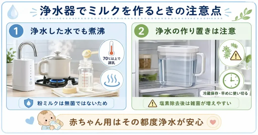 浄水器でミルクを作る際の注意点をまとめた図。浄水した水でも一度沸騰させて70℃以上で調乳すること、作り置きした浄水は冷蔵保存して早めに使い切ること、赤ちゃん用はその都度浄水するのが安心と示している。