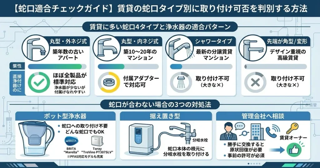 【蛇口適合チェックガイド】賃貸の蛇口タイプ別に取り付け可否を判別する方法のインフォグラフィック
