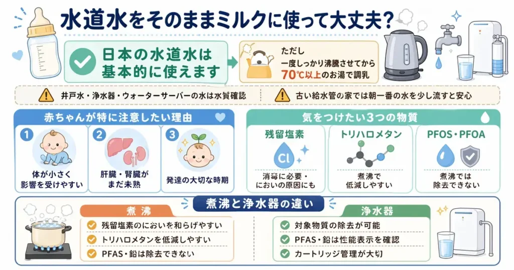 赤ちゃんのミルク作りに使う水道水の安全性を解説したインフォグラフィック。日本の水道水は基本的に使えるが、一度沸騰させて70℃以上で調乳すること、注意したい物質として残留塩素・トリハロメタン・PFOS/PFOA、煮沸と浄水器の違いをわかりやすくまとめている。