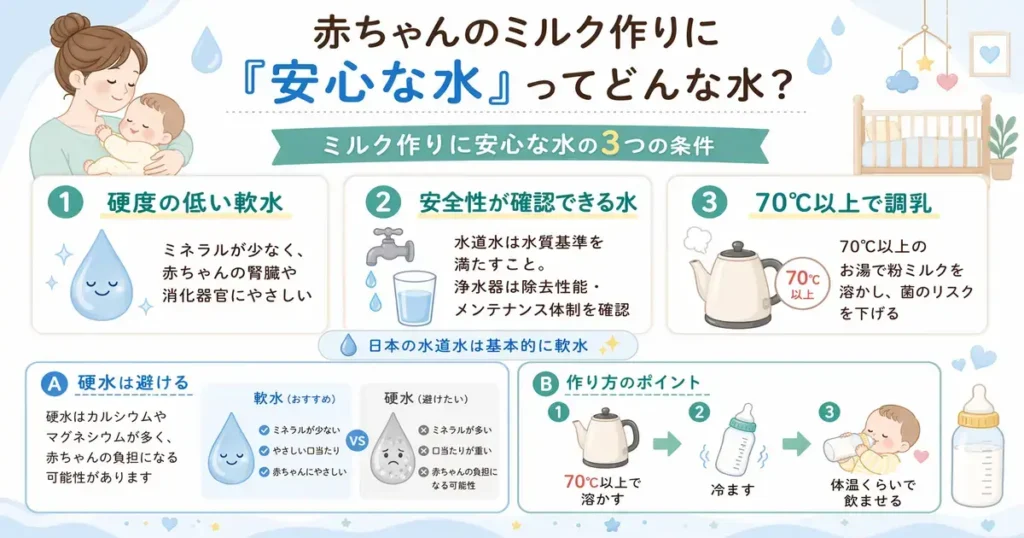 赤ちゃんのミルク作りに適した水の条件をまとめたインフォグラフィック。硬度の低い軟水、安全性が確認できる水、70℃以上での調乳の3点と、硬水を避ける理由、ミルクの作り方のポイントをやさしく解説している。