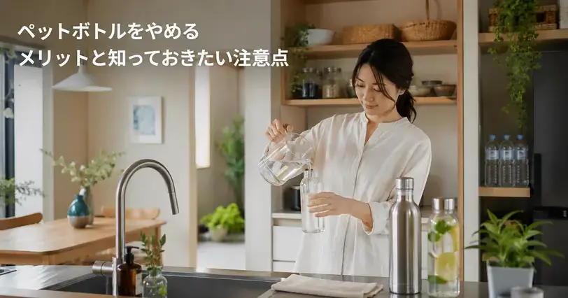 ペットボトルをやめるメリットと注意点をテーマに、明るいキッチンで女性が水を注ぎ、棚に少量の備蓄用ペットボトルが置かれている様子