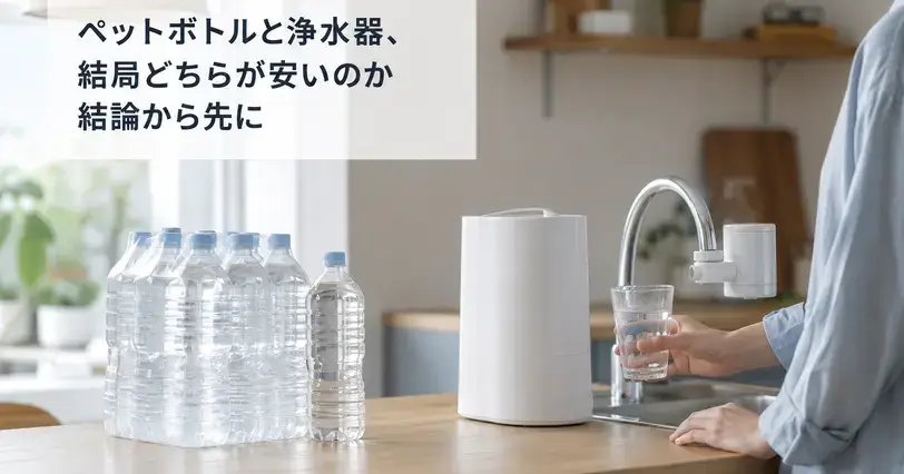ペットボトルの水と蛇口直結型の浄水器が並ぶ明るいキッチンで、浄水した水をグラスに注ぐ様子。