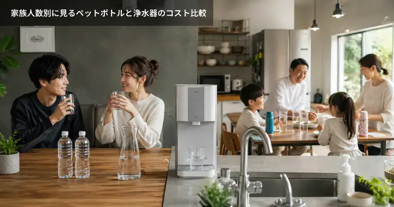 家族人数別の水の使い方を表すキッチン風景。少人数世帯のペットボトルと、家族で使う浄水器のある暮らしを比較している。