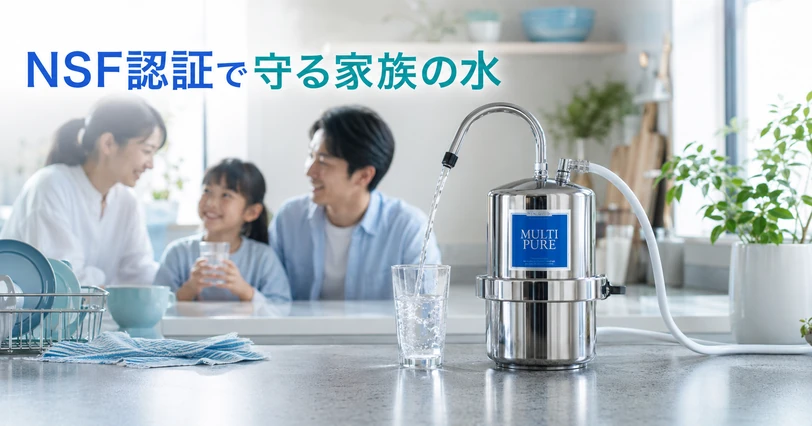 キッチンで笑顔の家族と、水が注がれたマルチピュア浄水器の前のグラス