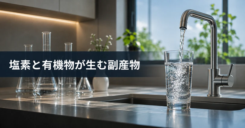 シンクの蛇口から水が流れ落ちる家庭のキッチンで、塩素消毒の副産物が生まれる仕組みをイメージしたビジュアル
