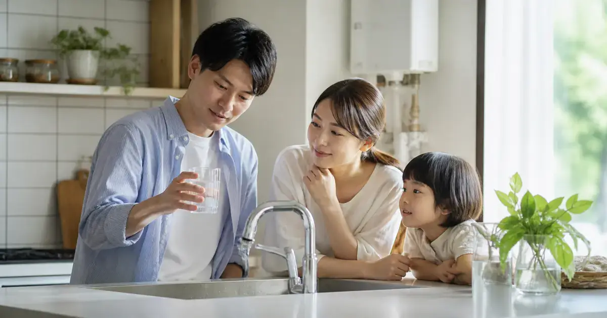 明るいキッチンで、家族が蛇口の近くに集まり、透明なグラスに入った水道水を確認している様子。日本の水道水はそのまま飲める一方で、家庭側の条件も確認する大切さを表現した画像。
