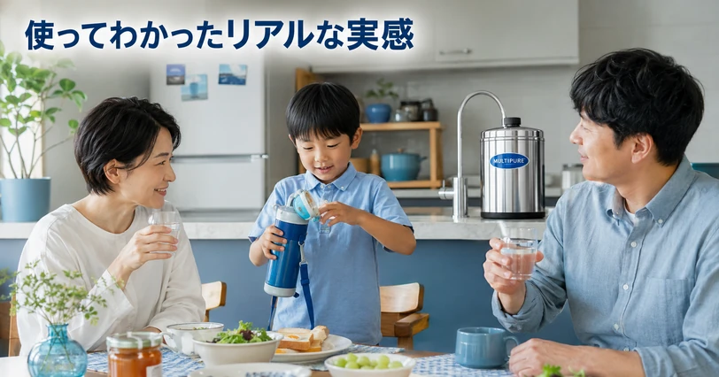 食卓で水を飲む家族と、奥にあるマルチピュア浄水器