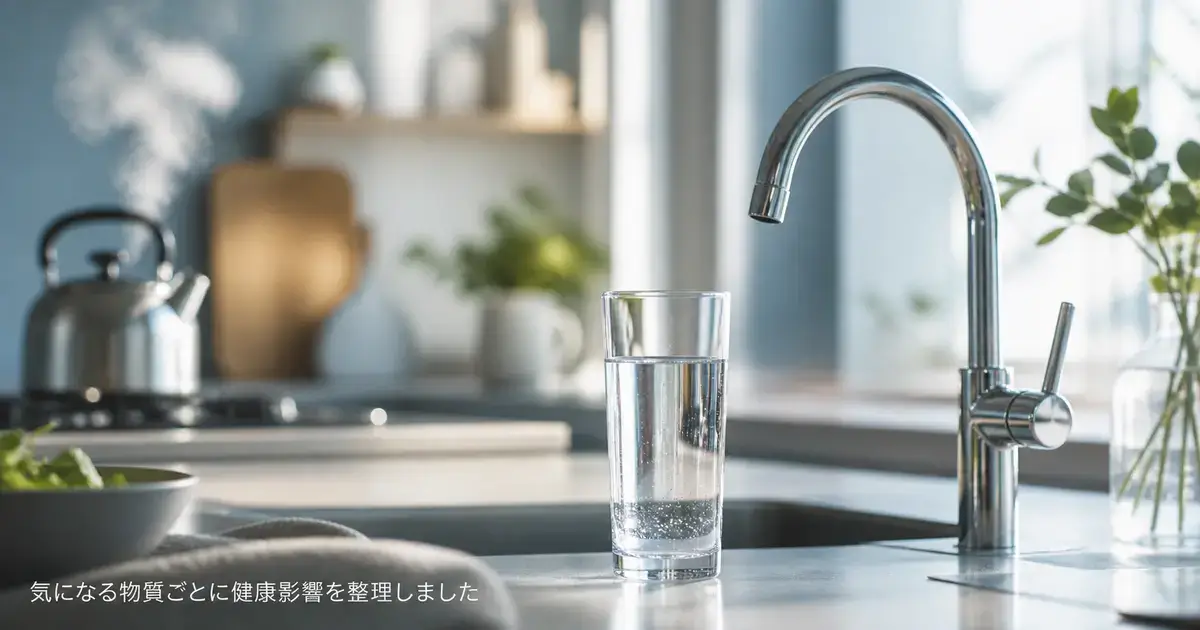 代替テキスト案：

**キッチンの蛇口横に置かれた水入りのグラスと、奥で湯気を立てるやかんが写る清潔感のあるイメージ。水道水に含まれる気になる物質と健康影響を整理する場面を表している。**
