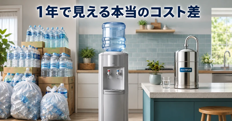 山積みのペットボトル・ウォーターサーバー・マルチピュア浄水器が並ぶコスト比較のイメージ