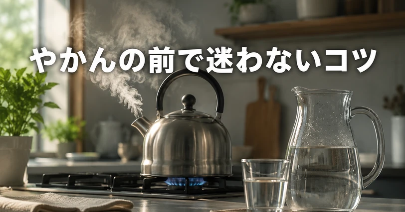 やかん・電気ケトル・水差しが並ぶキッチンで、失敗しない煮沸の手順を象徴するビジュアル