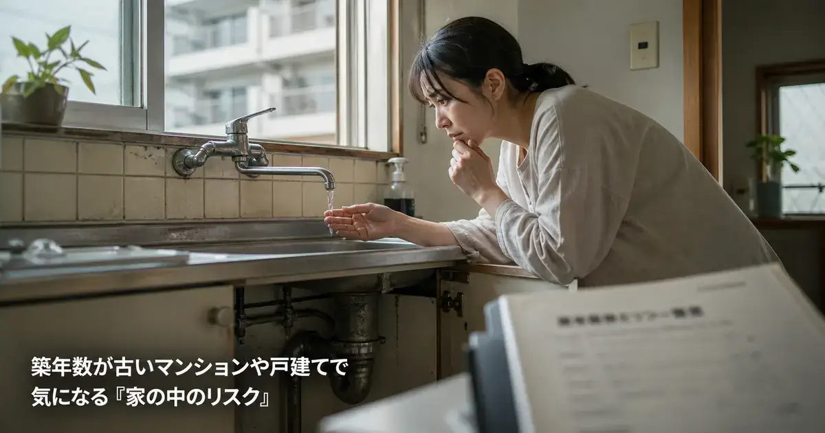 築年数が古い住まいのキッチンで、女性が蛇口から出る水を確認しながら、古い配管や清掃記録など家の中の水まわりリスクに注意を向けている様子。
