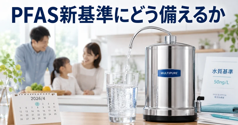 2026年4月のカレンダーと水質基準50ng/Lの掲示、マルチピュア浄水器のあるキッチン