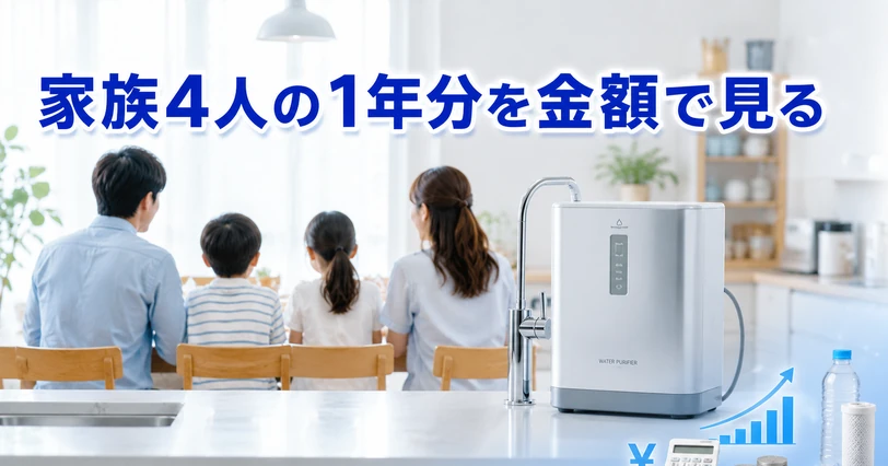 家族4人の食卓と年間ランニングコストを電卓で試算するイメージ