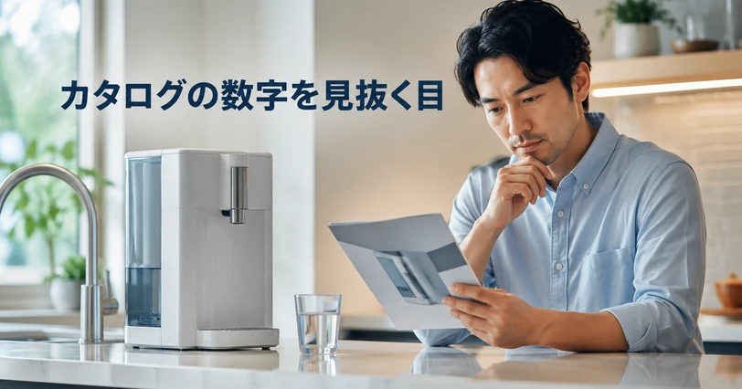 据え置き型浄水器とカタログを見比べる男性。JIS S 3201に基づく除去率の読み方を象徴するイメージ