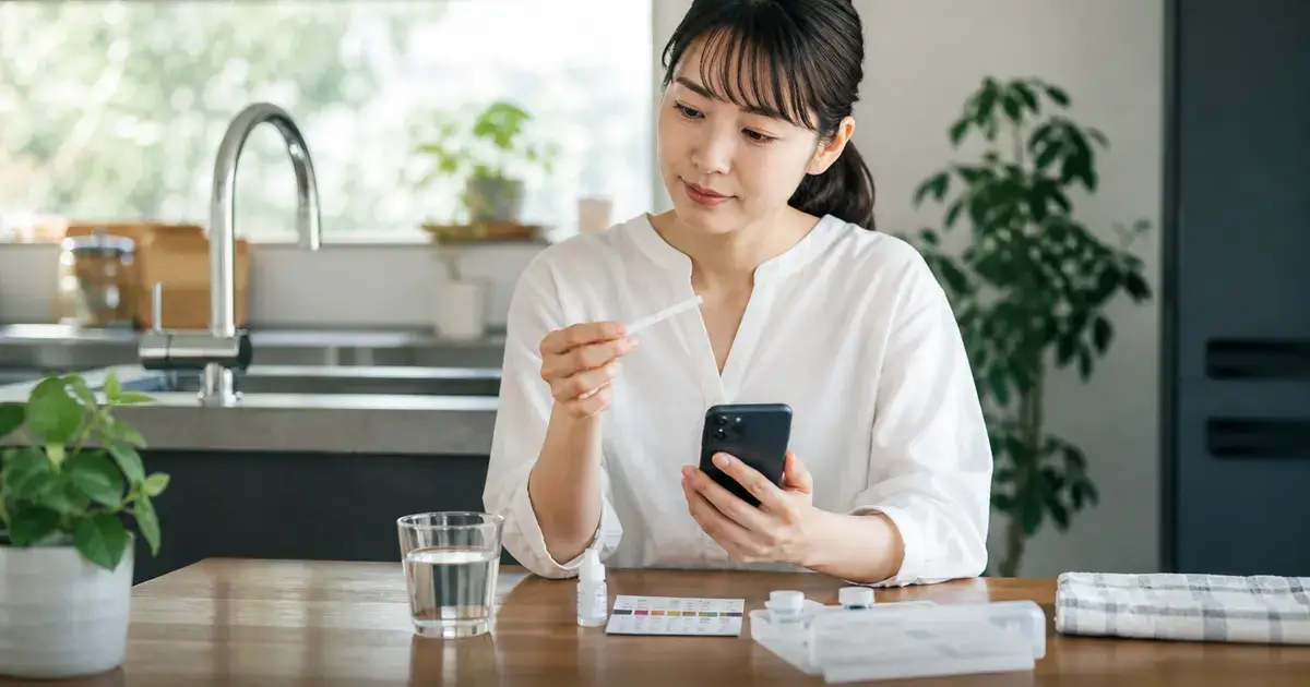 自宅のキッチンで水質検査キットを使い、水道水の状態をスマホで確認する女性の様子