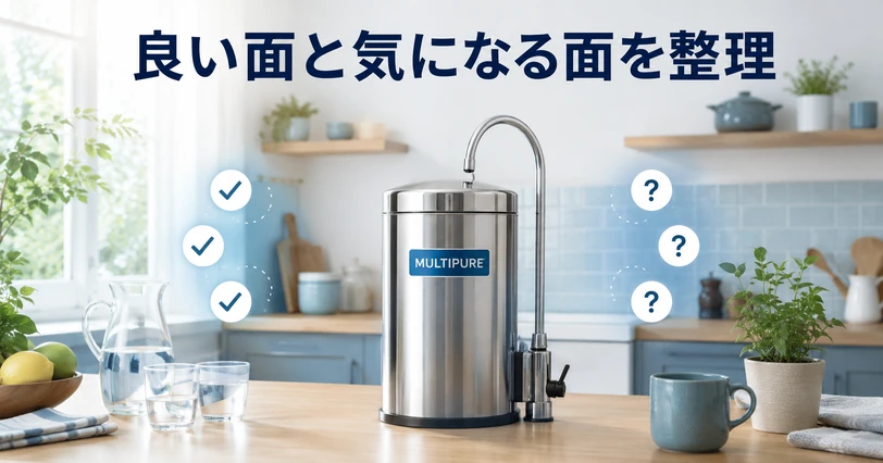 マルチピュア浄水器の左右にチェック印と疑問符が並ぶ、メリットとデメリットの対比
