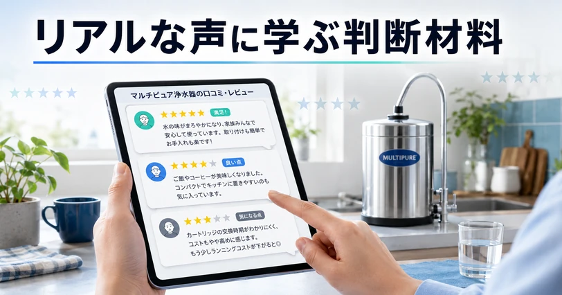 タブレットに表示されたマルチピュア浄水器の星評価とユーザーレビュー一覧