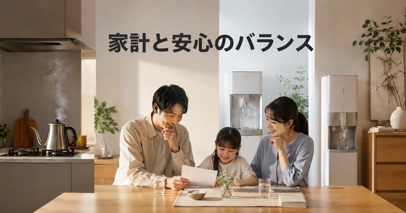 家族3人で家計簿を眺めながら水まわりの費用対効果を相談する場面のイメージ
