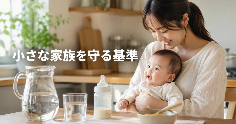 赤ちゃんを抱く母親が水差しと哺乳瓶を手元に置いて調乳する、家族のための水選びをイメージしたビジュアル