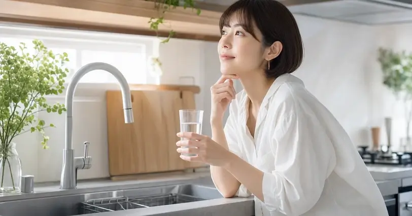 明るいキッチンで、蛇口のそばに立つ女性がコップの水を手に持ち、家庭の水を見直す様子。