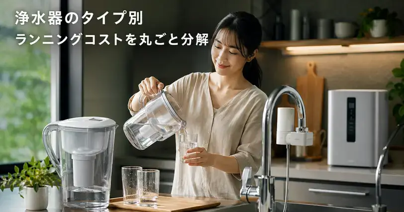 浄水ポットや蛇口直結型、据置型浄水器が並ぶキッチンで、女性がグラスに水を注いでいる様子。浄水器タイプ別のランニングコスト比較を表すイメージ。
