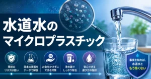 水道水のマイクロプラスチック問題を表す、蛇口とコップの水を虫眼鏡で見るキッチンのイメージ画像