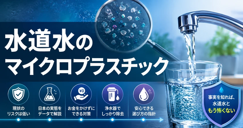 水道水のマイクロプラスチック問題を表す、蛇口とコップの水を虫眼鏡で見るキッチンのイメージ画像