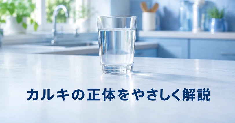 明るいキッチンのカウンターに置かれた澄んだ水道水のグラス。カルキ（残留塩素）の基礎をやさしく解説するイメージ
