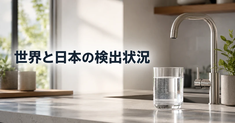 キッチンでコップに注がれた透明な水道水を写し、世界と日本の検出状況をイメージした写真