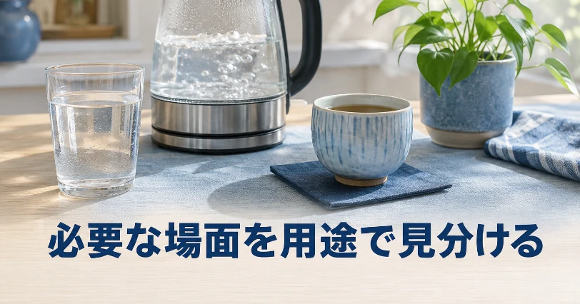 水のグラス・ケトル・お茶・観葉植物が並ぶキッチン。カルキ抜きが必要な用途の多さを表したイメージ