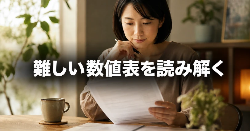 水道水検査結果のPDFや数値の見方を学ぶ章。NDや定量下限値、ng/Lの読み方を書類で確認する人物