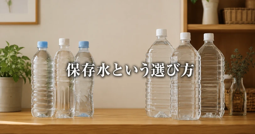 長期保存水と通常のミネラルウォーターを並べて選び方を比較するイメージ