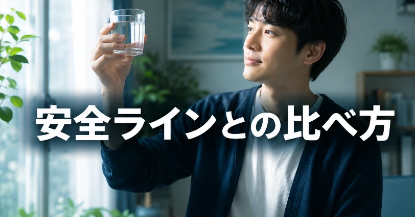 基準値50ng/Lと比べて水道水が安全か判断する章。グラスの水を光にかざして確認する安心した人物