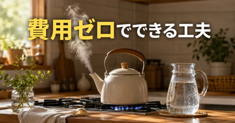 やかんと水差しが置かれた台所で、お金をかけずにできる対策をイメージした写真