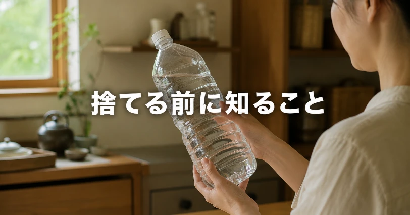 賞味期限切れの備蓄水を慌てて捨てる前に、ペットボトルのラベルを確認する様子