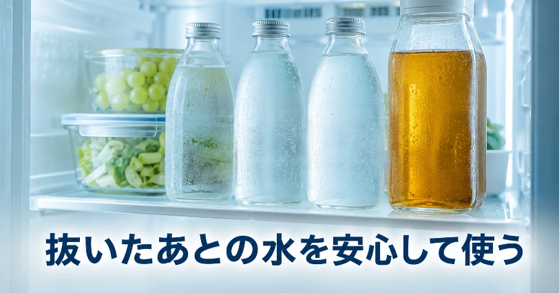 冷蔵庫の中に並ぶ冷水ボトルと麦茶。カルキを抜いた水を冷蔵保存して安心して使う様子のイメージ