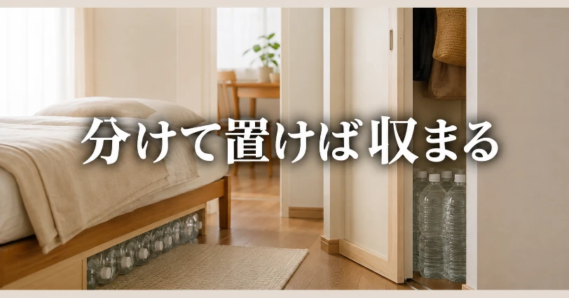 収納が少ない家でベッド下やクローゼットの隙間に分散収納した備蓄用の水