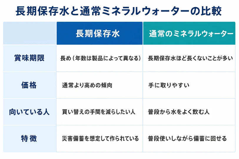 長期保存水と通常ミネラルウォーターの賞味期限・価格・向いている人・特徴を比較した表